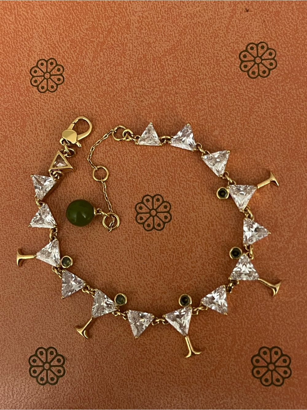 18KGE Gold-Tone Martini Charm Bracelet with Clear Crystals and Green Accent